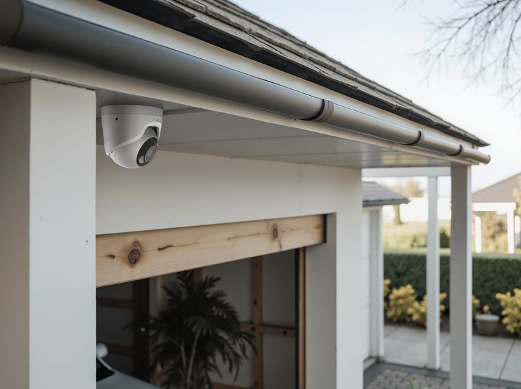 Ajax TurretCam mounted under the eaves of a home